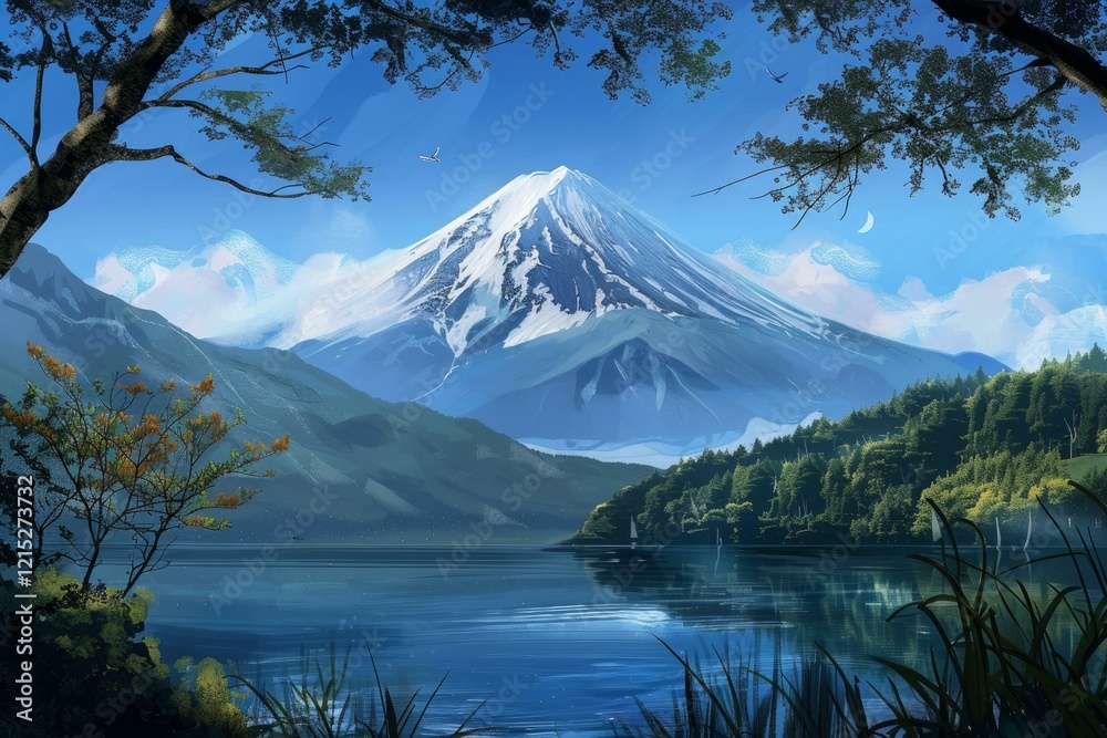 Serene landscape featuring mount fuji majestically reflected in a calm lake, surrounded by vibrant foliage, with a crescent moon adding a touch of magic to the tranquil scene Serene landscape featuring mount fuji majestically reflected in a calm lake, surrounded by vibrant foliage, with a crescent moon adding a touch of magic to the tranquil scene