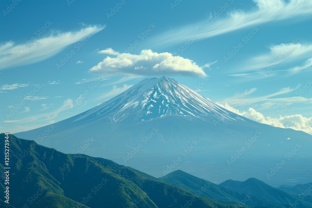 Mount fuji stands tall and majestic, its snow capped peak piercing through the clouds above a vibrant green landscape Mount fuji stands tall and majestic, its snow capped peak piercing through the clouds above a vibrant green landscape