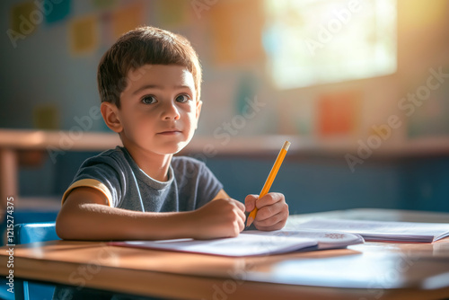 Young boy focused on his schoolwork at a desk with sunlight streaming through the window in a classroom setting with copy space