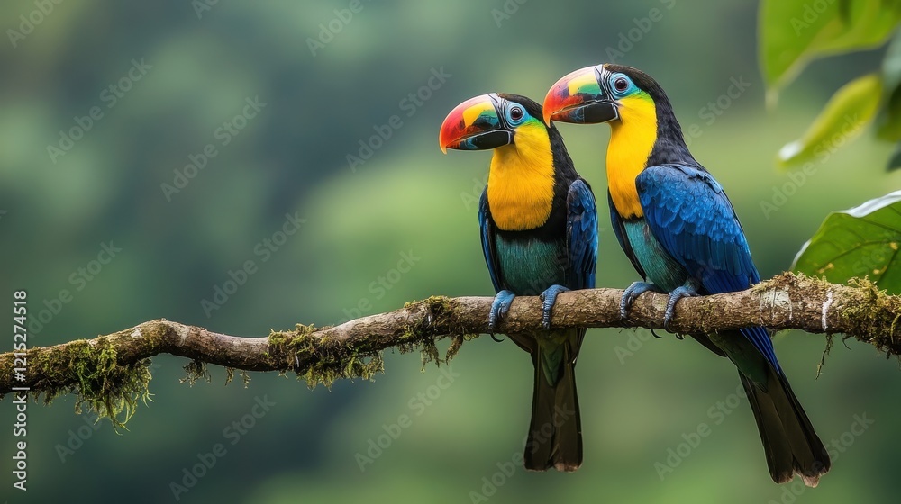 Obraz premium Vibrant Toucans Perched on Mossy Branch in Lush Tropical Rainforest