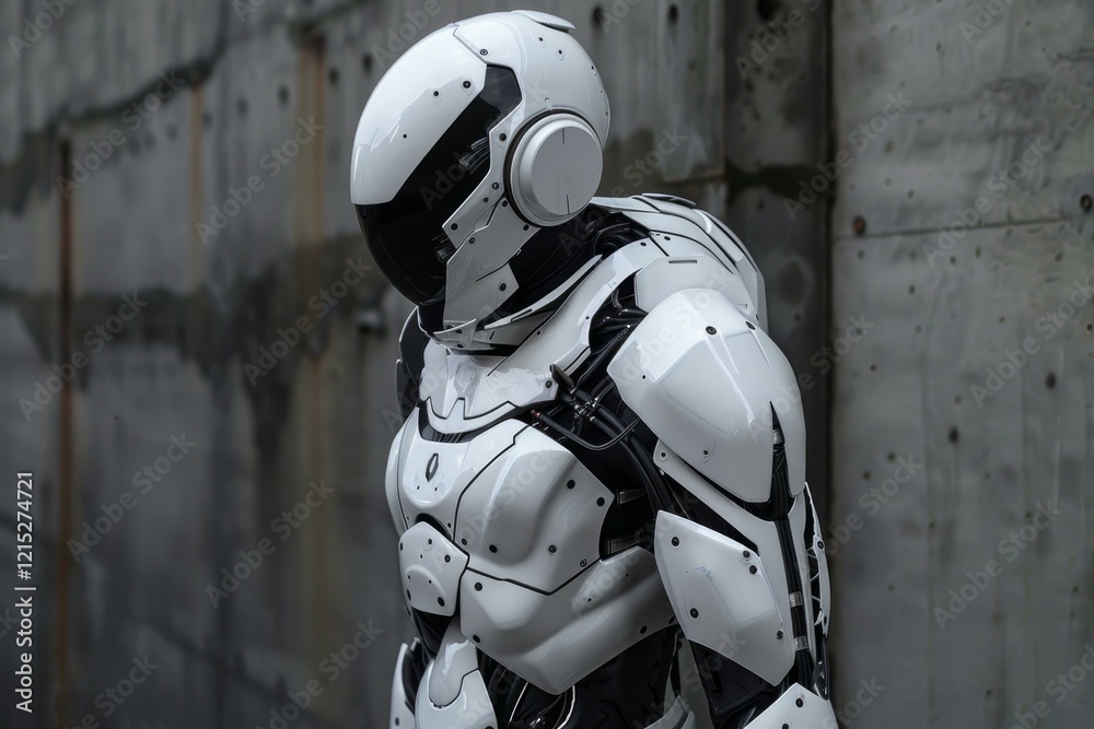 Futuristic robot wearing white exoskeleton and helmet stands near concrete wall in mysterious urban setting Futuristic robot wearing white exoskeleton and helmet stands near concrete wall in mysterious urban setting
