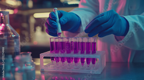 scientist using dropper in laboratory with purple liquid in test tubes