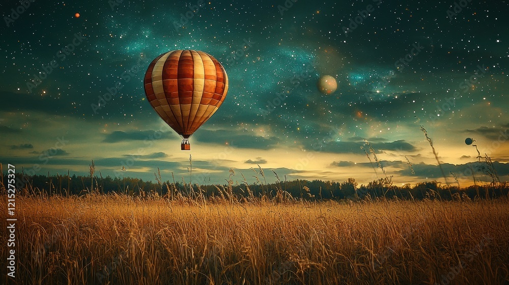 Obraz premium Hot Air Balloon Soaring Under a Starry Night Sky