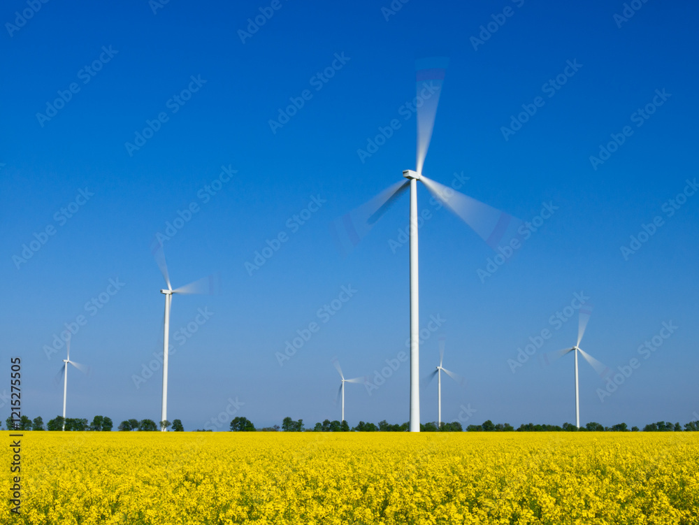 Wind Turbine in a Yellow Flower Field of Rapeseed. Wind Mill Park Generating Electricity. Green Environment Wind Turbine in a Yellow Flower Field of Rapeseed. Wind Mill Park Generating Electricity. Green Environment