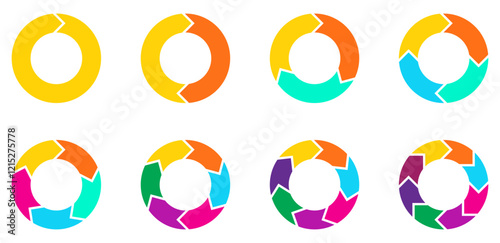 Set of pie chart in blue color isolated on white background.  Colorful circular arrow infographic templates. Multi-colored cyclic arrow chart designs.
