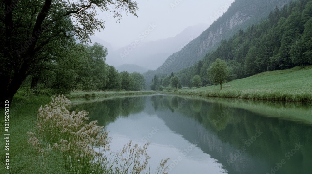 Obraz premium A serene river meanders through a lush mountain valley under a moody, misty sky, evoking peace.