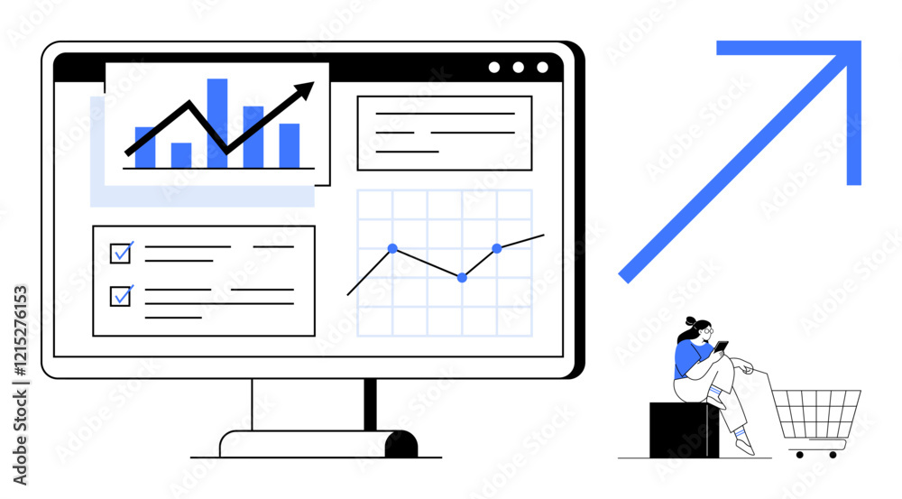 Obraz premium Computer screen displaying graphs, charts, and checklists next to a large upward arrow. Ideal for data analysis, business growth, marketing trends, performance metrics, financial forecasting