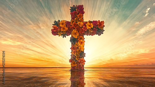 Serene sunset landscape featuring a vibrant floral cross reflected in calm water.  Ideal for faithbased themes, spirituality, hope, peace, and Easter projects.  A stunning image with artistic flair. photo