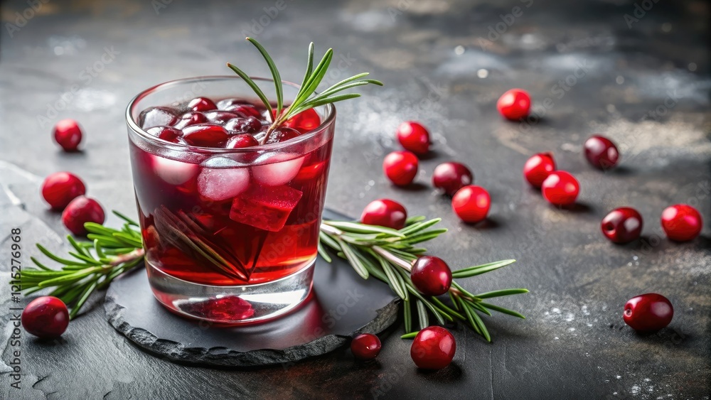 Cranberry juice in a glass with an ice cube and a sprig of rosemary, winter drink, cozy, festive Cranberry juice in a glass with an ice cube and a sprig of rosemary, winter drink, cozy, festive