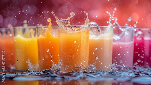 Many glass filled with different flavored juice splashed in water placed in front of multi colored background