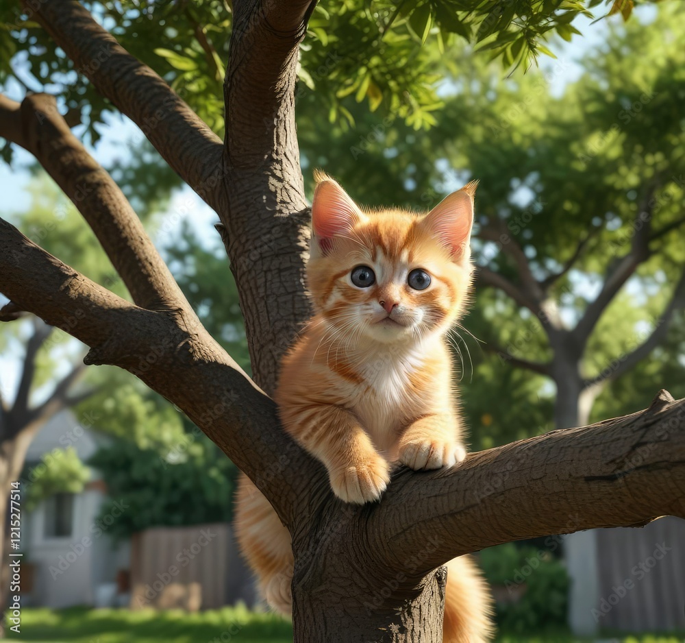 Curious orange kitten climbing a backyard tree, exploring its surroundings, backyard, climbing Curious orange kitten climbing a backyard tree, exploring its surroundings, backyard, climbing
