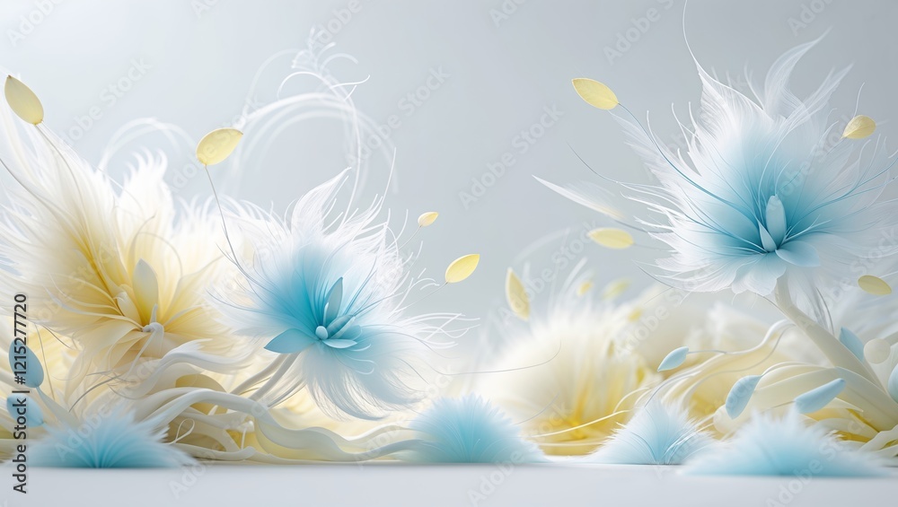Obraz premium Abstract feathered flowers in pale blue white and yellow on a light background