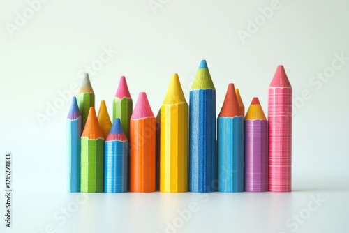 Colorful wax crayons arranged in a row, vibrant drawing pencils for school and art, multi-colored stationery supplies on white background