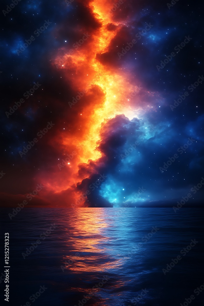 Fiery, celestial column divides night sky, reflected in calm sea. Fiery, celestial column divides night sky, reflected in calm sea.