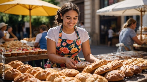 Latina baker joyfully arranging freshly baked goods at a vibrant summer market bustling with cheerful customers and colorful tents
