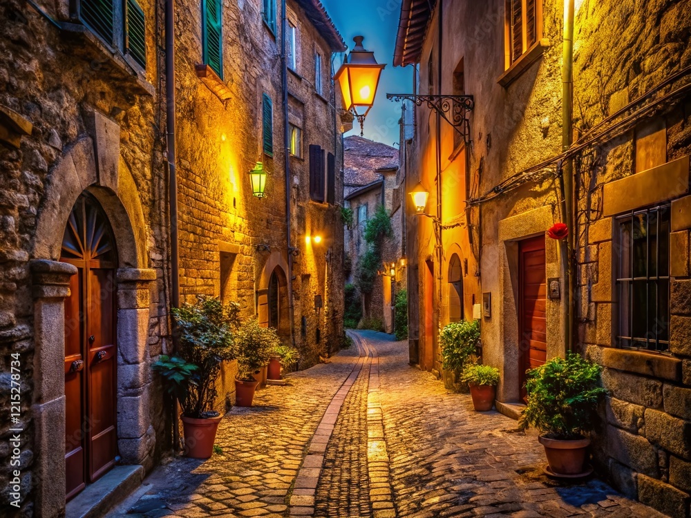 Fototapeta premium Romantic Night in Italy: Narrow Street, Cobblestones, Lamplight