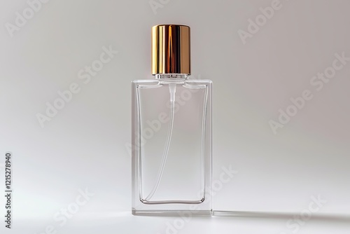 Transparent rectangular spray bottle with golden cap on a neutral background. Minimalist cosmetic packaging concept.