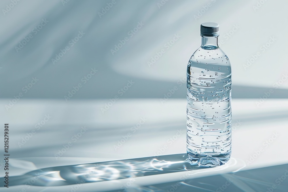 Transparent plastic water bottle with bubbles on a reflective surface and soft light shadows. Studio still life. Transparent plastic water bottle with bubbles on a reflective surface and soft light shadows. Studio still life.