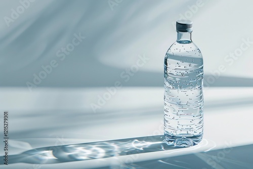 Transparent plastic water bottle with bubbles on a reflective surface and soft light shadows. Studio still life.