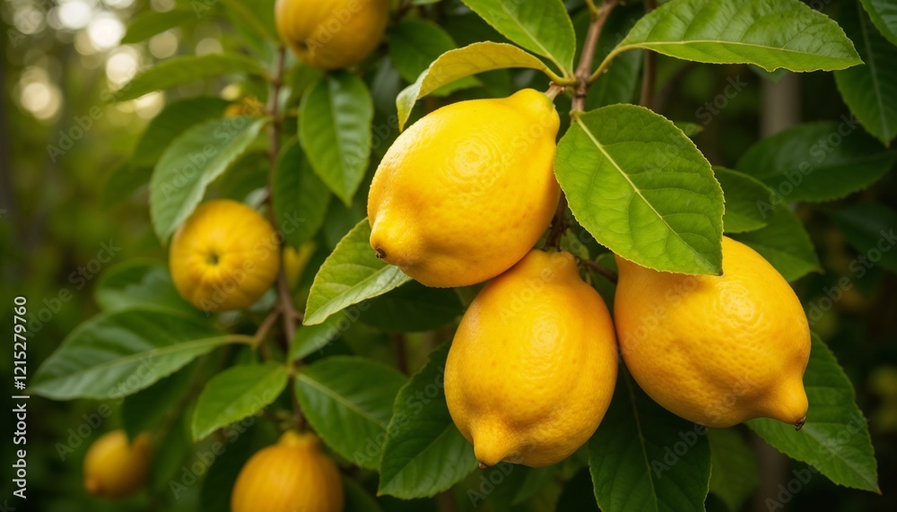 Vibrant Ripe Lemons Hanging on Lush Green Tree Branch with Soft Background Vibrant Ripe Lemons Hanging on Lush Green Tree Branch with Soft Background