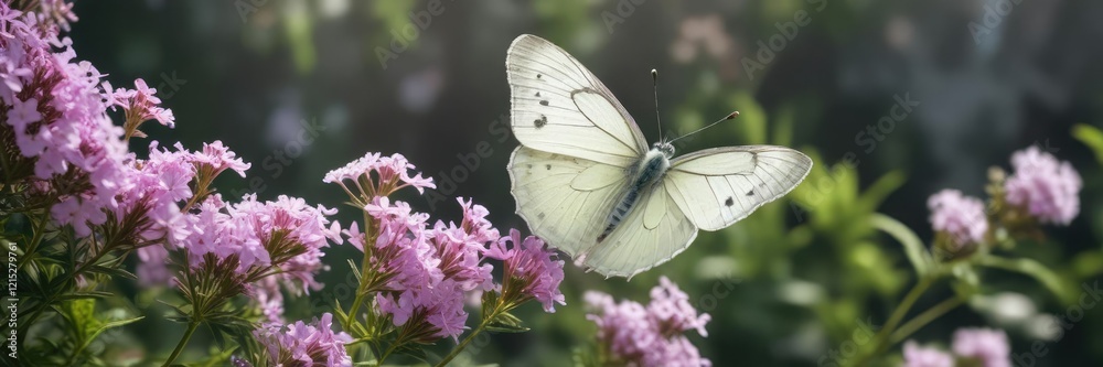 Delicate white butterfly perched on a fragrant verbena flower, insects, botanical Delicate white butterfly perched on a fragrant verbena flower, insects, botanical