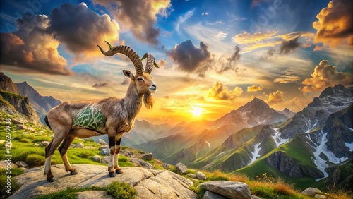 Majestic Markhor in the Brahui Mountains: Urdu, Burushaski Word Cloud Landscape photo