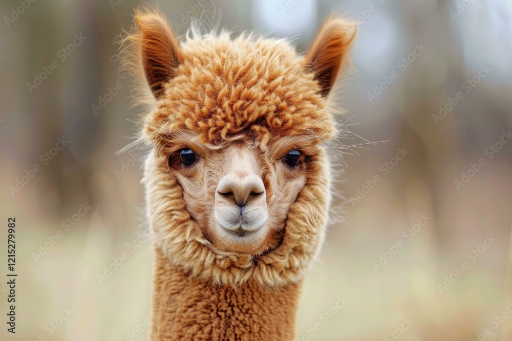 Obraz premium Brown alpaca looking at the viewer in a nature reserve