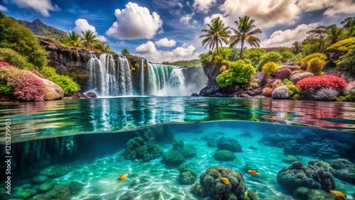 Majestic Mauritius Waterfall & Underwater Paradise: Turquoise Waters & Lush Greenery photo