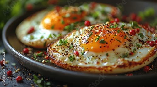 Sunny-side up eggs, herbs, pepper, plate, kitchen photo