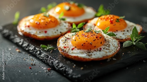 Sunny-side up eggs, herbs, slate, kitchen, breakfast photo