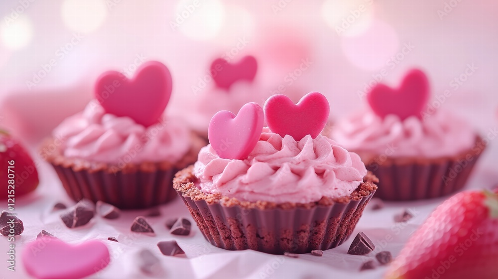 Tartlets with strawberry mousse, topped with chocolate hearts. Arrange the tartlets on a clean surface with scattered chocolate shavings or fresh strawberries. Tartlets with strawberry mousse, topped with chocolate hearts. Arrange the tartlets on a clean surface with scattered chocolate shavings or fresh strawberries.