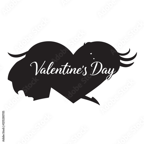 A timeless and elegant Valentine's Day logo silhouette in classic black and white vector style, featuring geometric shapes, clean lines, and a dynamic composition with volumetric lighting, blurred