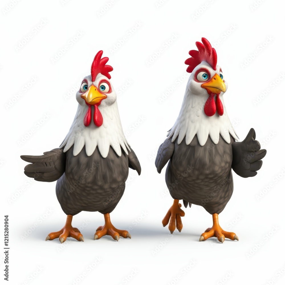 Fototapeta premium Cartoon rooster, stylized farm animal, plump body, colorful feathers, red comb and wattles, expressive eyes, white neck feathers, brown and black plumage, orange feet, 3D rendering, digital art, vibra