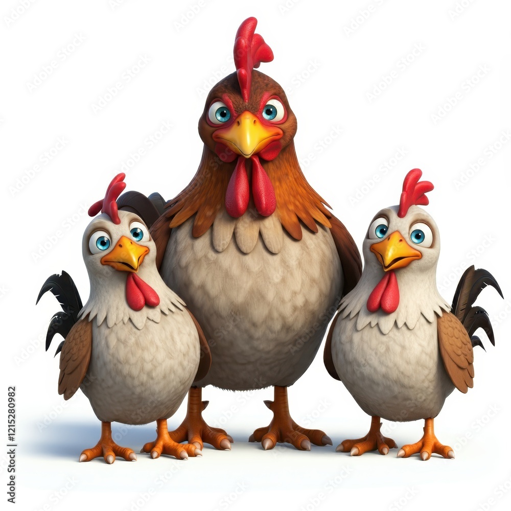 Fototapeta premium Cartoon rooster, stylized farm animal, plump body, colorful feathers, red comb and wattles, expressive eyes, white neck feathers, brown and black plumage, orange feet, 3D rendering, digital art, vibra