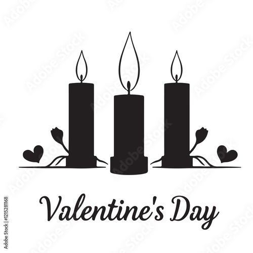 A timeless and elegant Valentine's Day logo silhouette in classic black and white vector style, featuring geometric shapes, clean lines, and a low angle perspective of warm candlelight