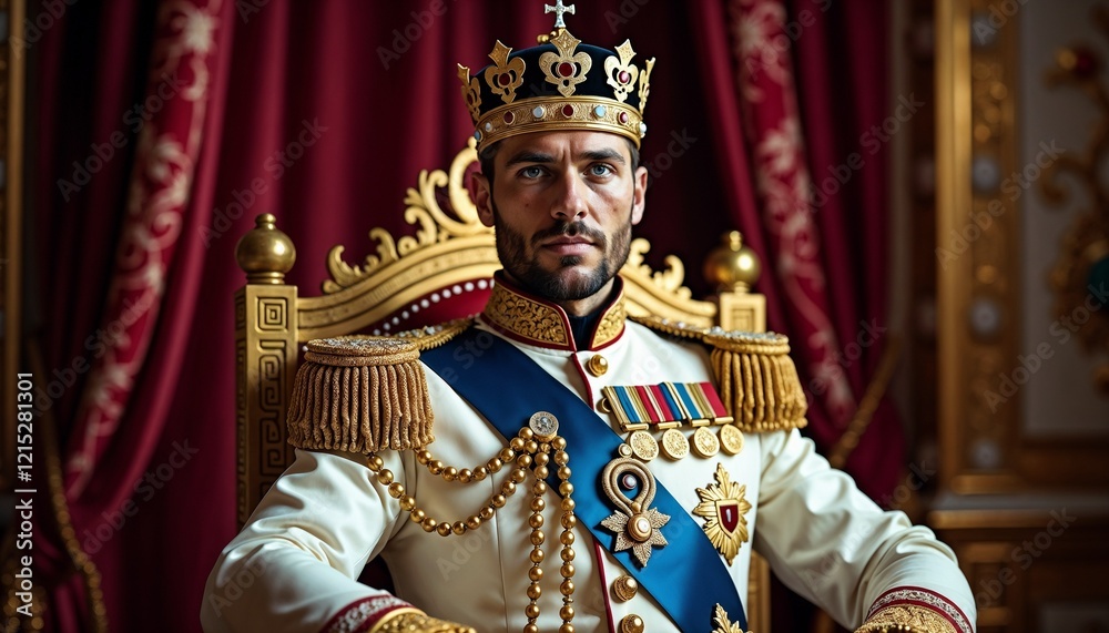 Obraz premium Regal man wearing a crown and royal attire seated on a throne in an opulent setting 
