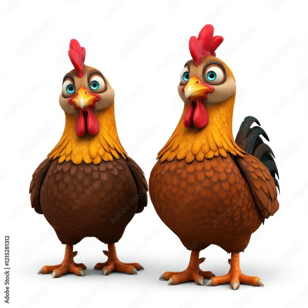 Fototapeta premium Cartoon rooster, stylized farm animal, plump body, colorful feathers, red comb and wattles, expressive eyes, white neck feathers, brown and black plumage, orange feet, 3D rendering, digital art, vibra