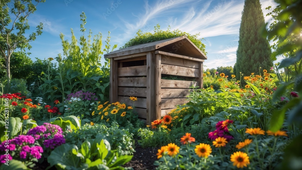 Fototapeta premium Wooden compost bin surrounded by vibrant flowers and lush greenery in a sunny garden 
