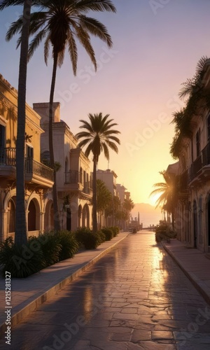 Distant sunrise over the old town of Denia, with palm trees and Mediterranean architecture , rooftops, ancient