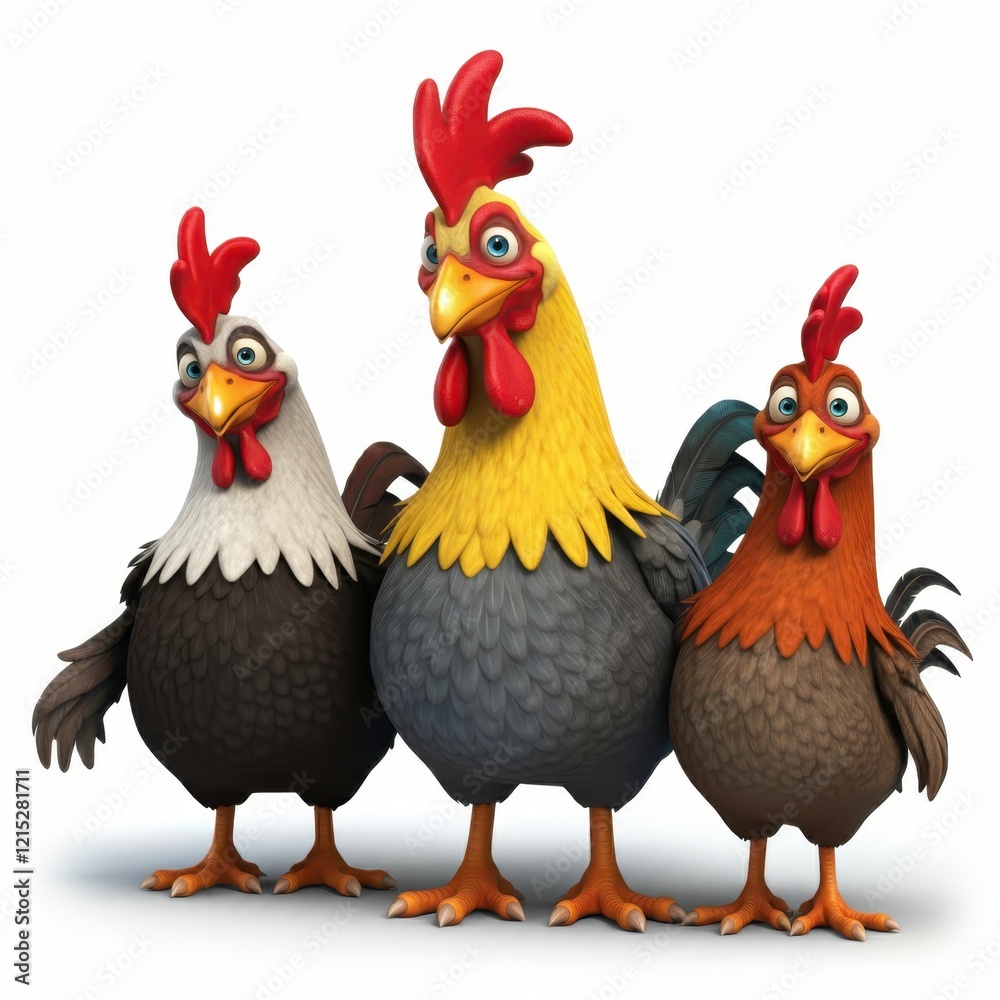Fototapeta premium Cartoon rooster, stylized farm animal, plump body, colorful feathers, red comb and wattles, expressive eyes, white neck feathers, brown and black plumage, orange feet, 3D rendering, digital art, vibra