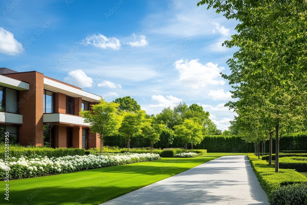 Fototapeta premium Luxurious Modern Home with Landscaped Driveway and Lush Gardens.