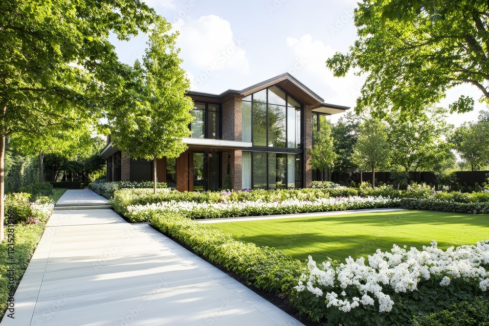 Fototapeta premium Modern Luxury Home with Expansive Landscaped Garden and Walkway