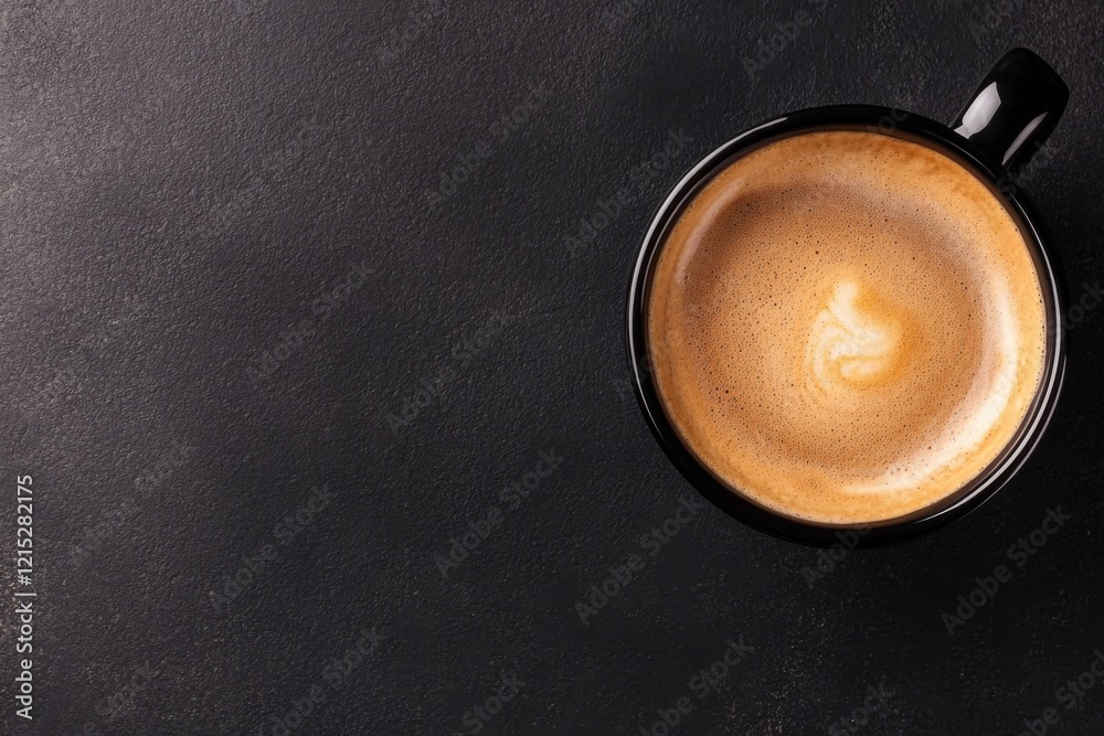 Brewing comfort coffee cup on black surface minimalist elevated perspective warmth concept Brewing comfort coffee cup on black surface minimalist elevated perspective warmth concept