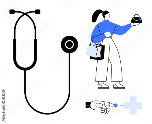 Stethoscope and woman holding purse and shopping bags. Hand pointing to a pill near medical cross. Ideal for healthcare, lifestyle, consumerism, technology, health monitoring, wellness, prevention