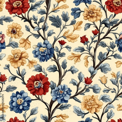 Wallpaper Mural Elegant Floral Seamless Pattern: Vintage Cream, Red, Blue, and Gold Flowers Torontodigital.ca