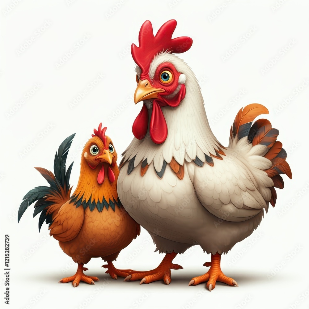 Fototapeta premium Cartoon rooster, stylized farm animal, plump body, colorful feathers, red comb and wattles, expressive eyes, white neck feathers, brown and black plumage, orange feet, 3D rendering, digital art, vibra