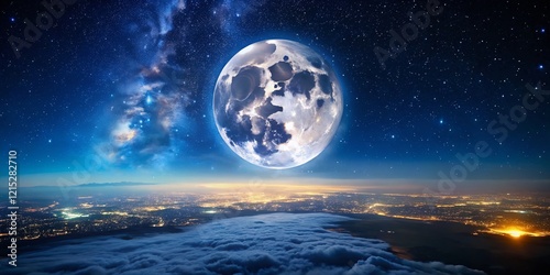 Majestic Moon: Dark Blue Night Sky Aerial View Stock Photo