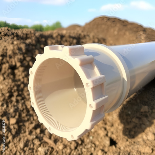 Pipe of High-Density Polyethylene. Water pipe connector for export. Water pipes buried underground. photo