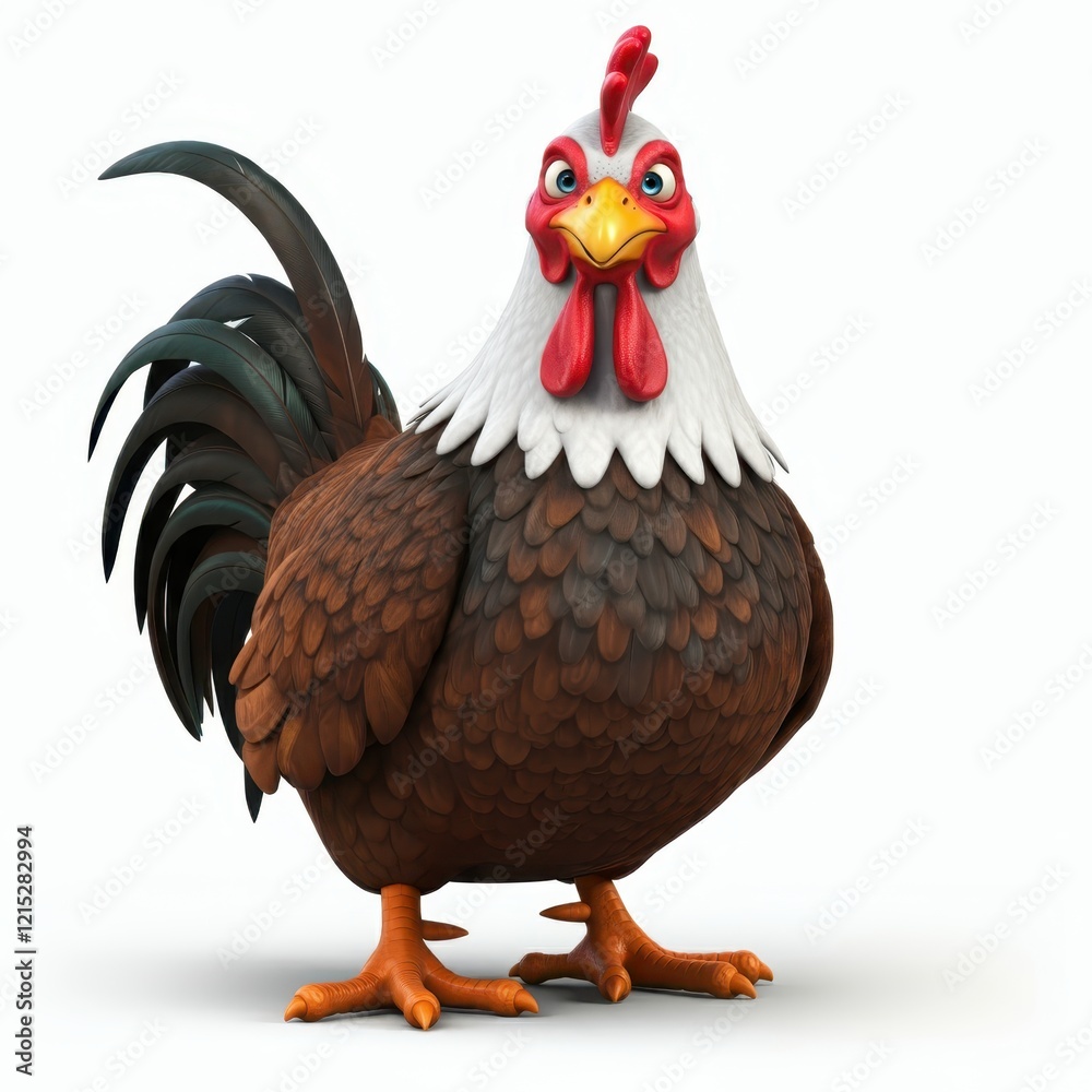 Fototapeta premium Cartoon rooster, stylized farm animal, plump body, colorful feathers, red comb and wattles, expressive eyes, white neck feathers, brown and black plumage, orange feet, 3D rendering, digital art, vibra