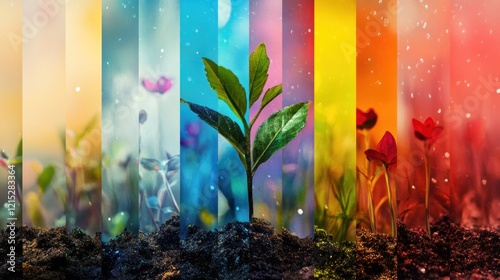 Time lapse of a plant growing through different stages with different colorful backgrounds